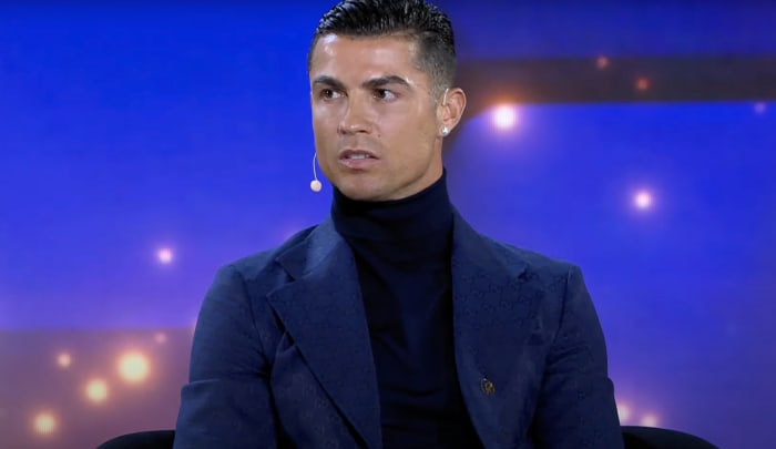 Cristiano Ronaldo pictured speaking at the 2023 Globe Soccer Awards ceremony in Dubai in January 2024